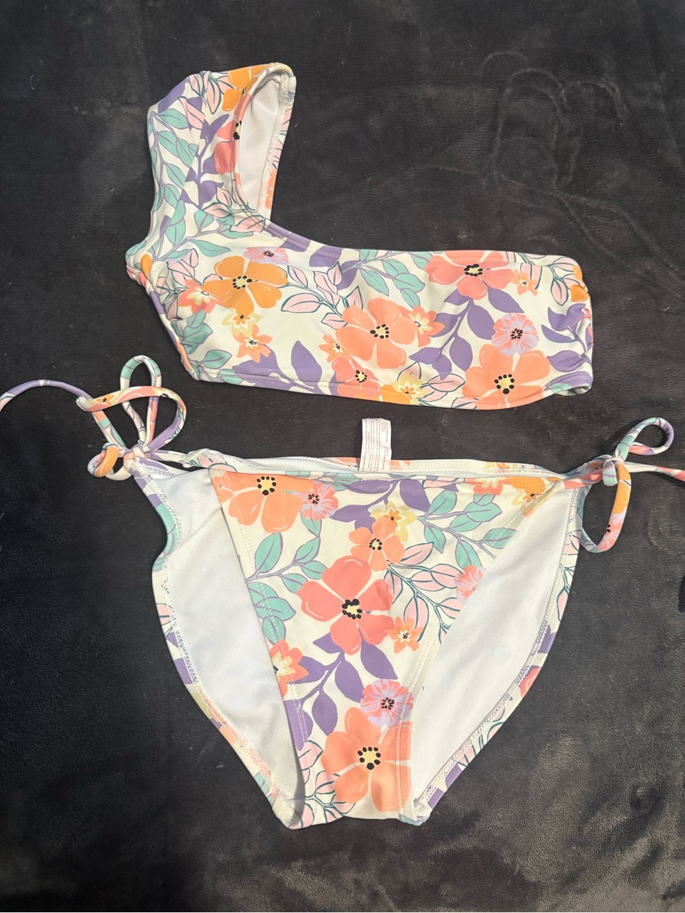 Floral One-Shoulder Tie-Side Bikini Set - Coral & Lavender